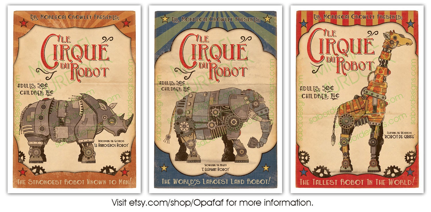 3 Pack - Retro Robot Circus Prints - Large - 11x14