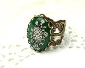 Green Floral Cameo Flower Ring Brass Ornate Filigree Adjustable Band R040