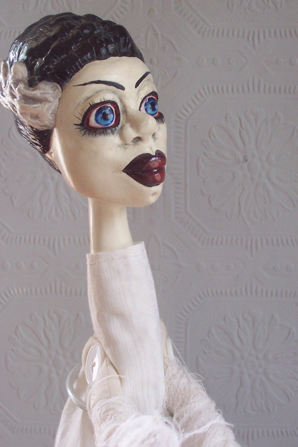 Hand Made Clay Cloth  FolkArt Primitive Doll "The Bride" by Debbie Hutto Halloween Original Hand Sculpted Hand Sewn HAGUILD AHQU