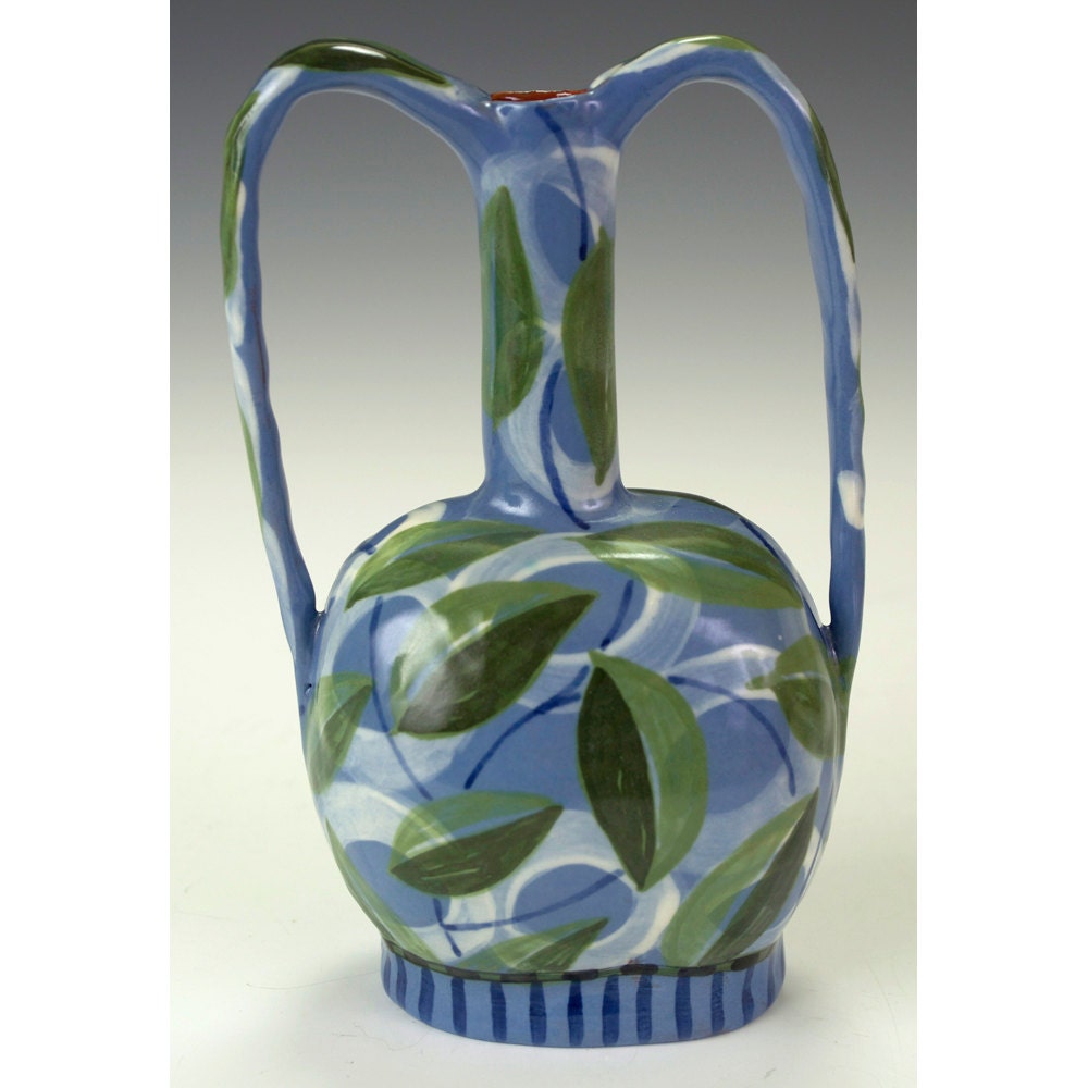 Amphora, Blue Background, Leafy Pattern.