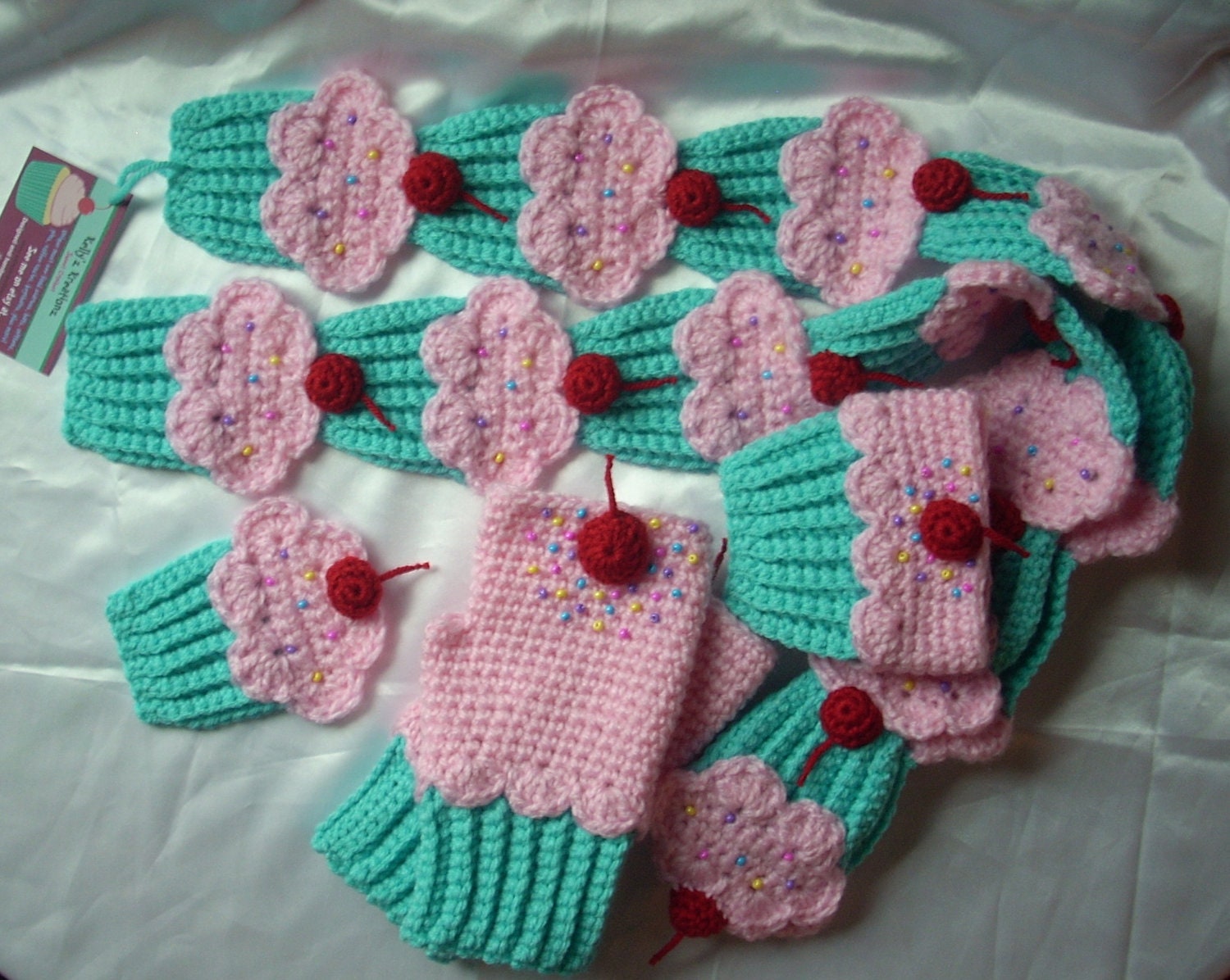 SALE Ready To Ship FREE SHIPPING Cupcakes Scarf  Pin Cup Cozy Fingerless Mittens Pink Turquoise Sprinkles Red Cherry