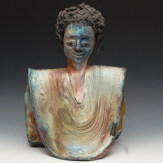 African Buddha Statue Bust in Raku Ceramics by Anita Feng of Golden 