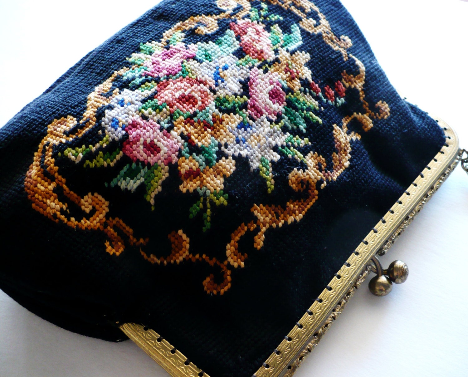 Petit Point Bag Purse -Black Red Roses Blue Gold Yellow Tapestry Needle Point Needlepoint Petite Floral Baroque Shabby Chic Metal Chain