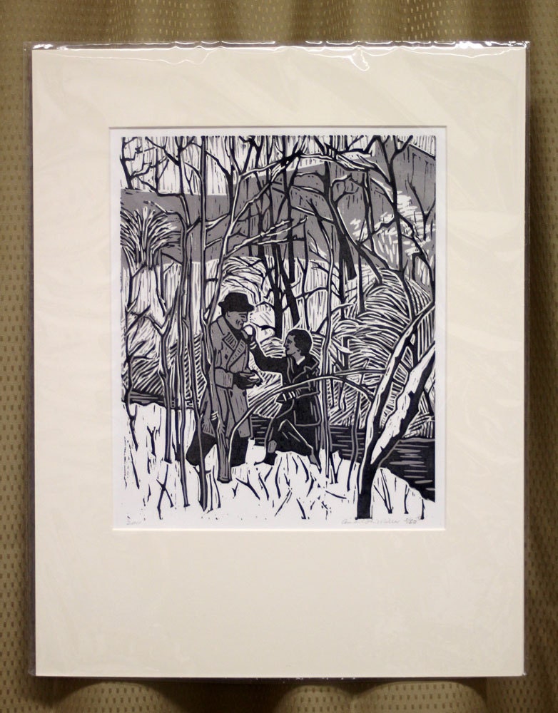 MATTED Winter Scene, Woods, Snow, Love, A Couple at Christmas, Gray, Black and White
