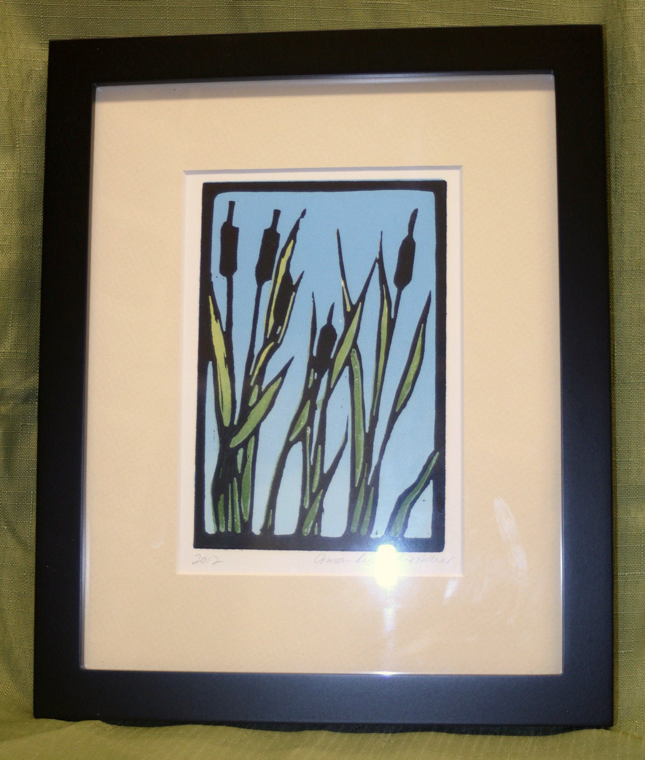 FRAMED, Cat Tails, Blue, Black, and Green, Nature Art, Woodblock Print