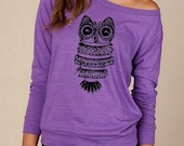 Large vintage OWL Heathered Slouchy Pullover long sleeve Girls Ladies shirt sweatshirt silkscreen screenprint Alternative Apparel