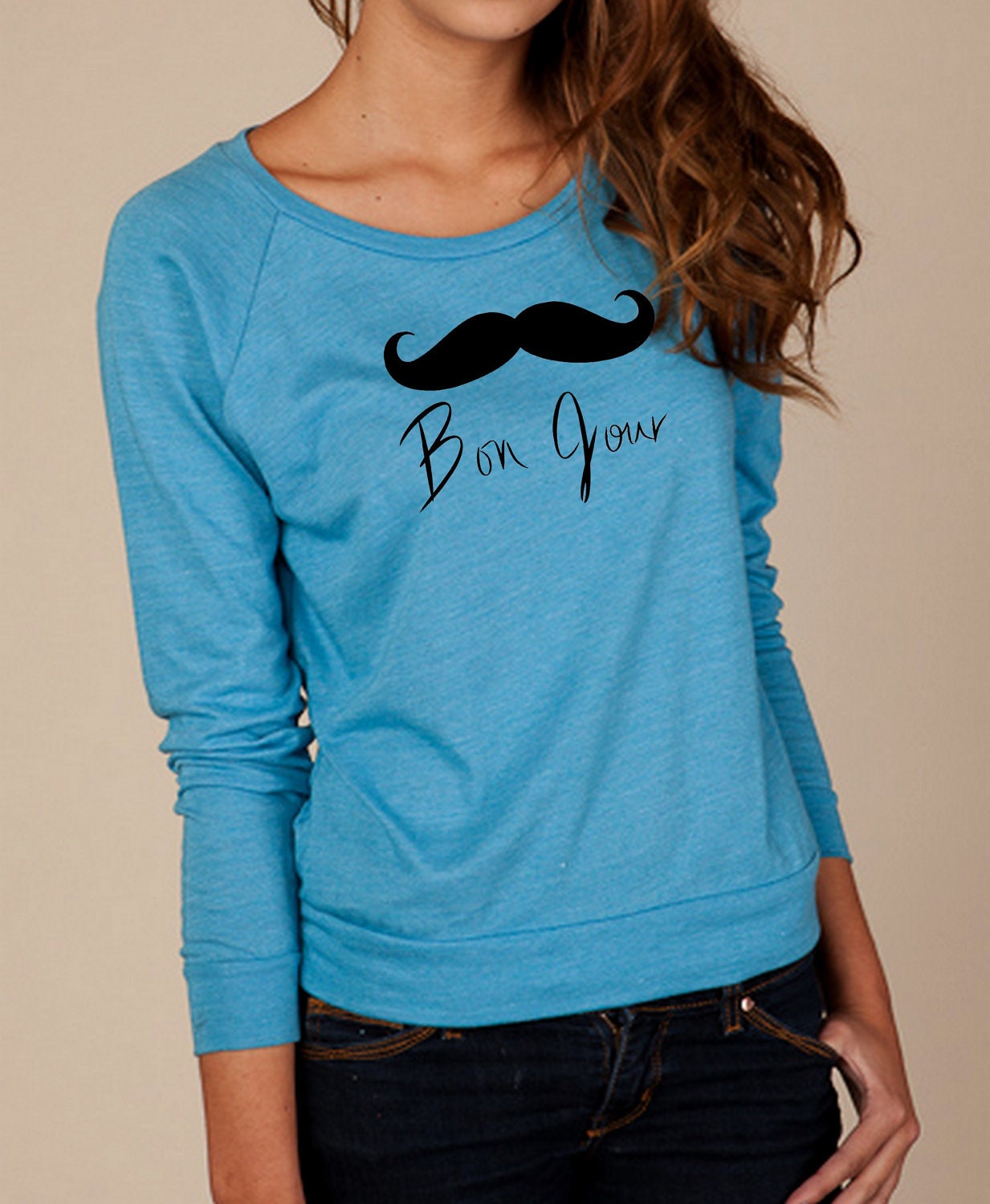 Mustache Bon Jour French Heathered Slouchy Pullover long sleeve Girls Ladies shirt sweatshirt silkscreen screenprint Alternative Apparel
