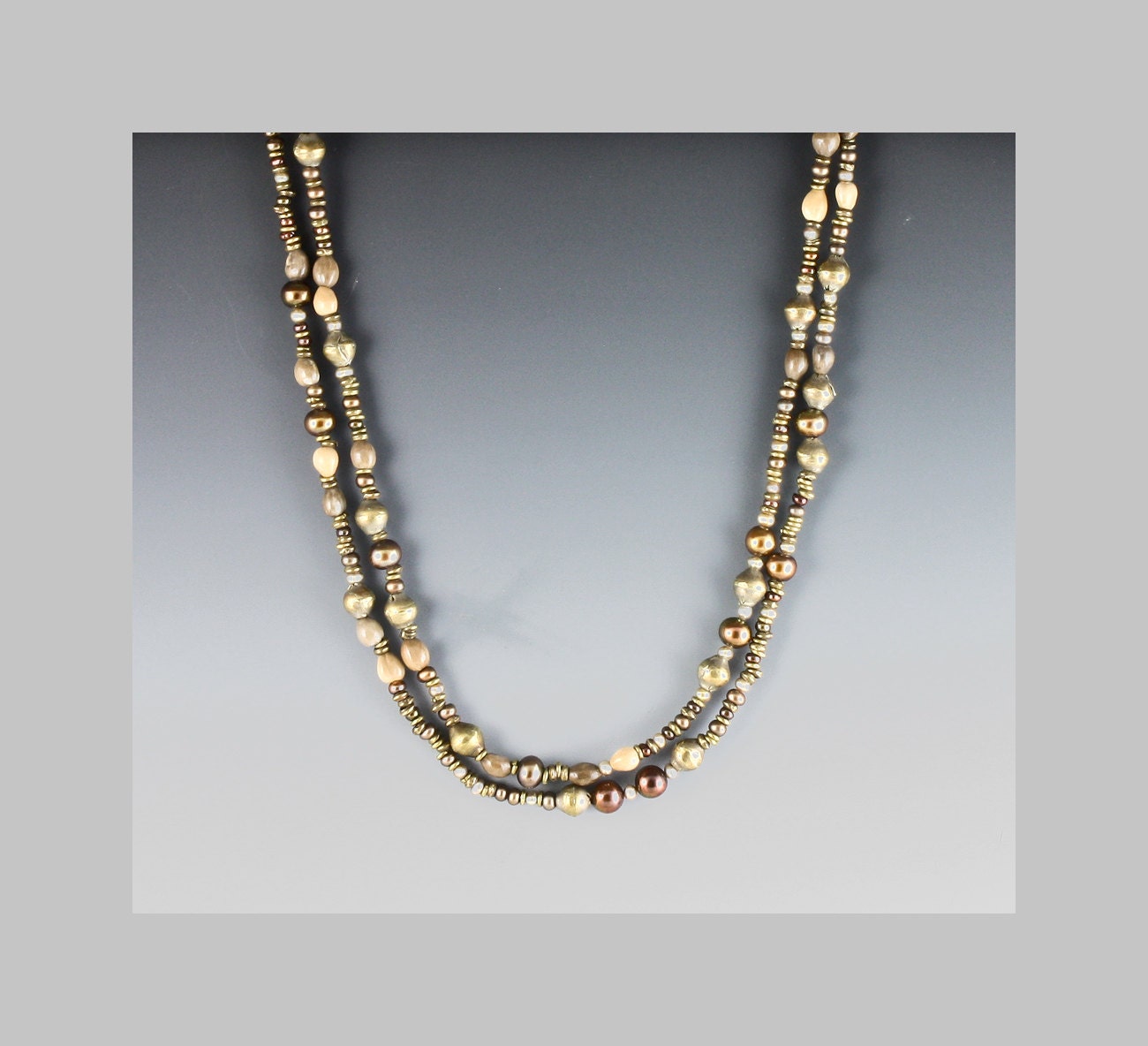 Ethnic Bronze and Copper Pearl Necklace -- Natural Seeds and Brass Beads Handmade in Ethiopia