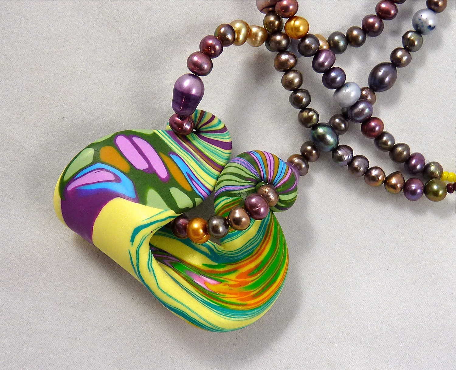 Wearable Art Polymer Clay Necklace with Cultured Pearls Lovely Colors