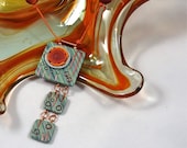 Asymmetrical Polymer Clay Necklace with Squares of Teal and Copper