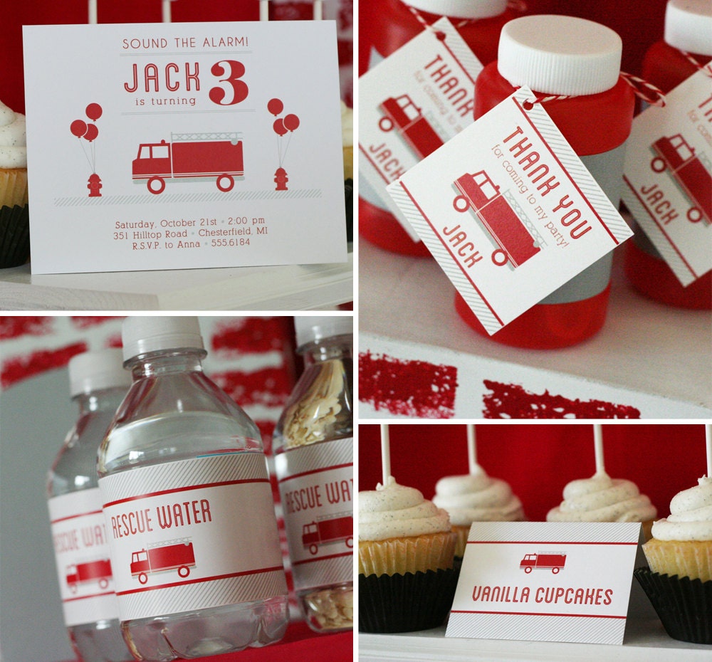 Fire Truck Birthday Party - PRINTABLE ONLY - Banner, Toppers, Tags, Invitation and more Il_570xn