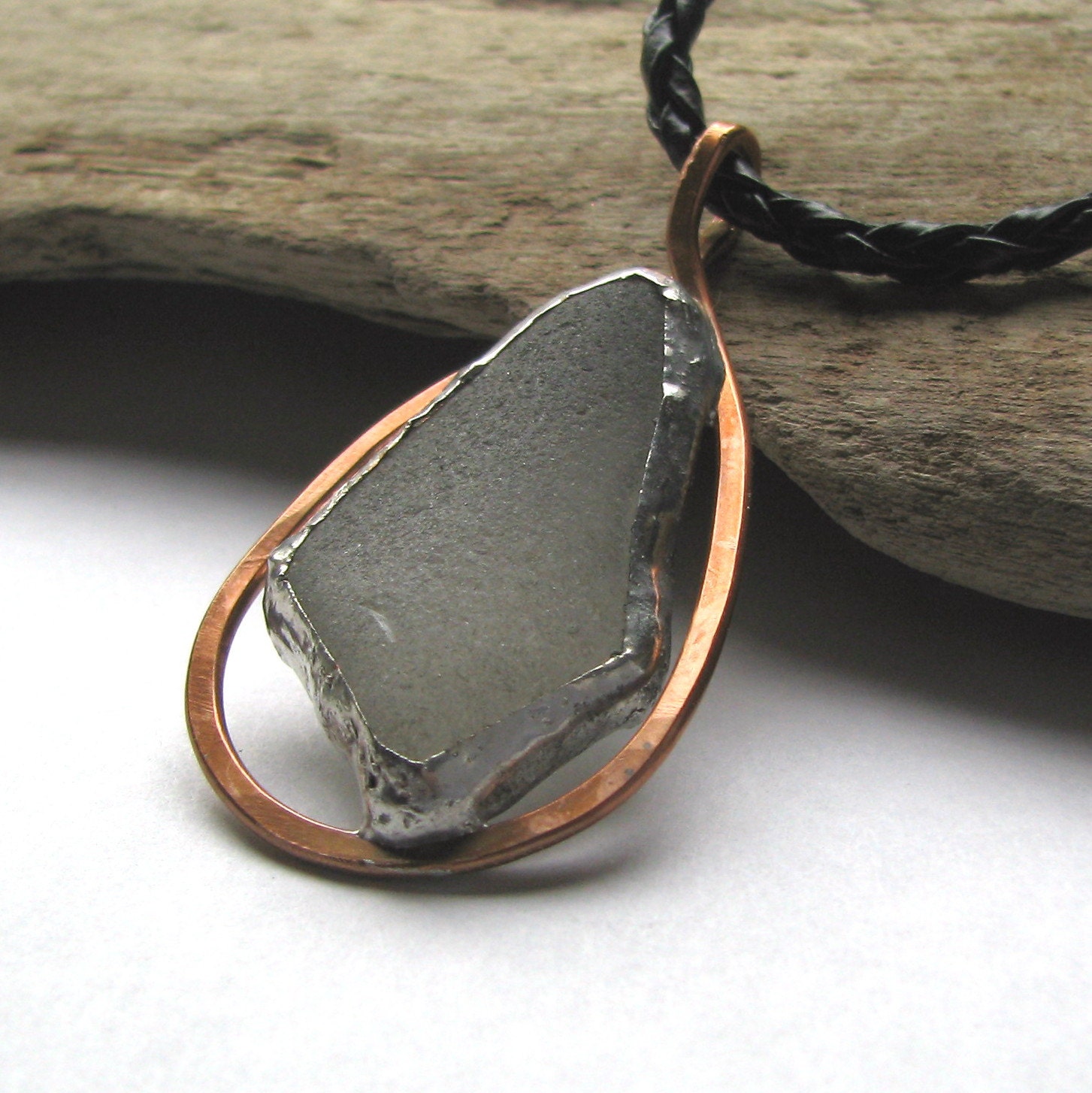 Sea glass necklace organic genuine recycled with copper border