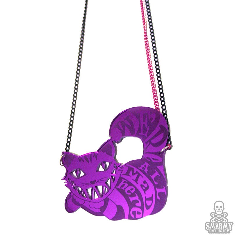 Cheshire Cat - We're All Mad Here purple acrylic necklace - smarmyclothes Alice in Wonderland