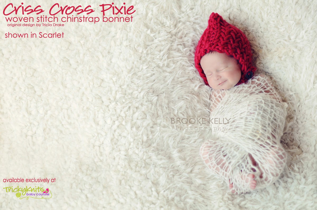 ON SALE Christmas Baby Hat Criss Cross Pixie Chinstrap Bonnet Newborn Girl or Boy Photography Prop by TrickyKnits original designer