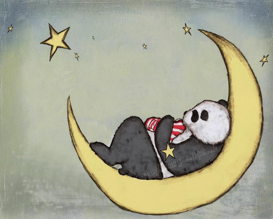 Moon Napping Children's Room Decor Boy and Panda Nursery Art Print