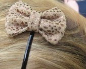 Gold Colored Suede Cloth Bow Hair Pin, Bobby-Pin, Gold, Accessory, Beige, Light Brown, Hair Pin, Hair Bow