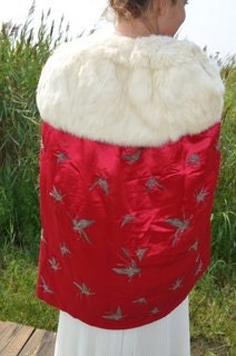 Stunning Deep Red Satin Vintage Cape w Embroidered Flying Insects Butterflys w Cozy Wool Lining & Fur Collar