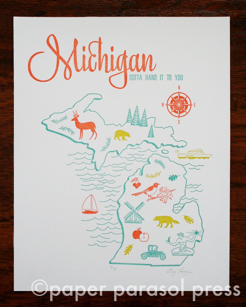 11x14 Michigan Letterpress Print Vintage Travel Inspired