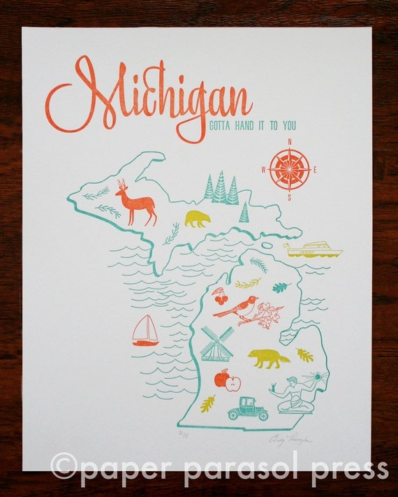11x14 Michigan Letterpress Print Vintage Travel Inspired