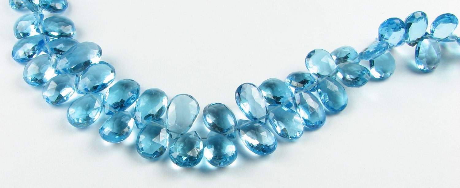 Swiss Blue Topaz Faceted Flat Teardrop Pear Briolettes 9mm - 10mm (5 beads)