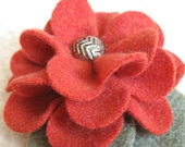 Autumn Orange Zinnia Brooch - Repurposed Sweater Wool Flower Pin