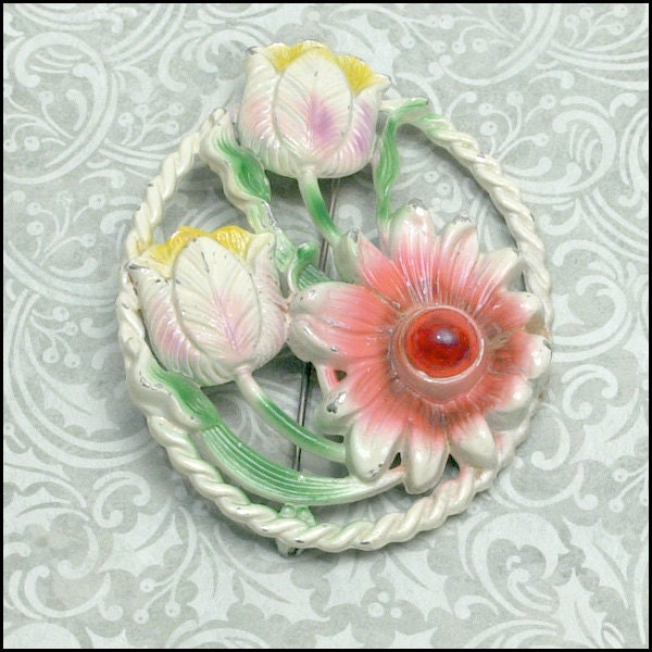 Enamel on Metal Large Colorful Cut Out Flower Frame Pin or Brooch