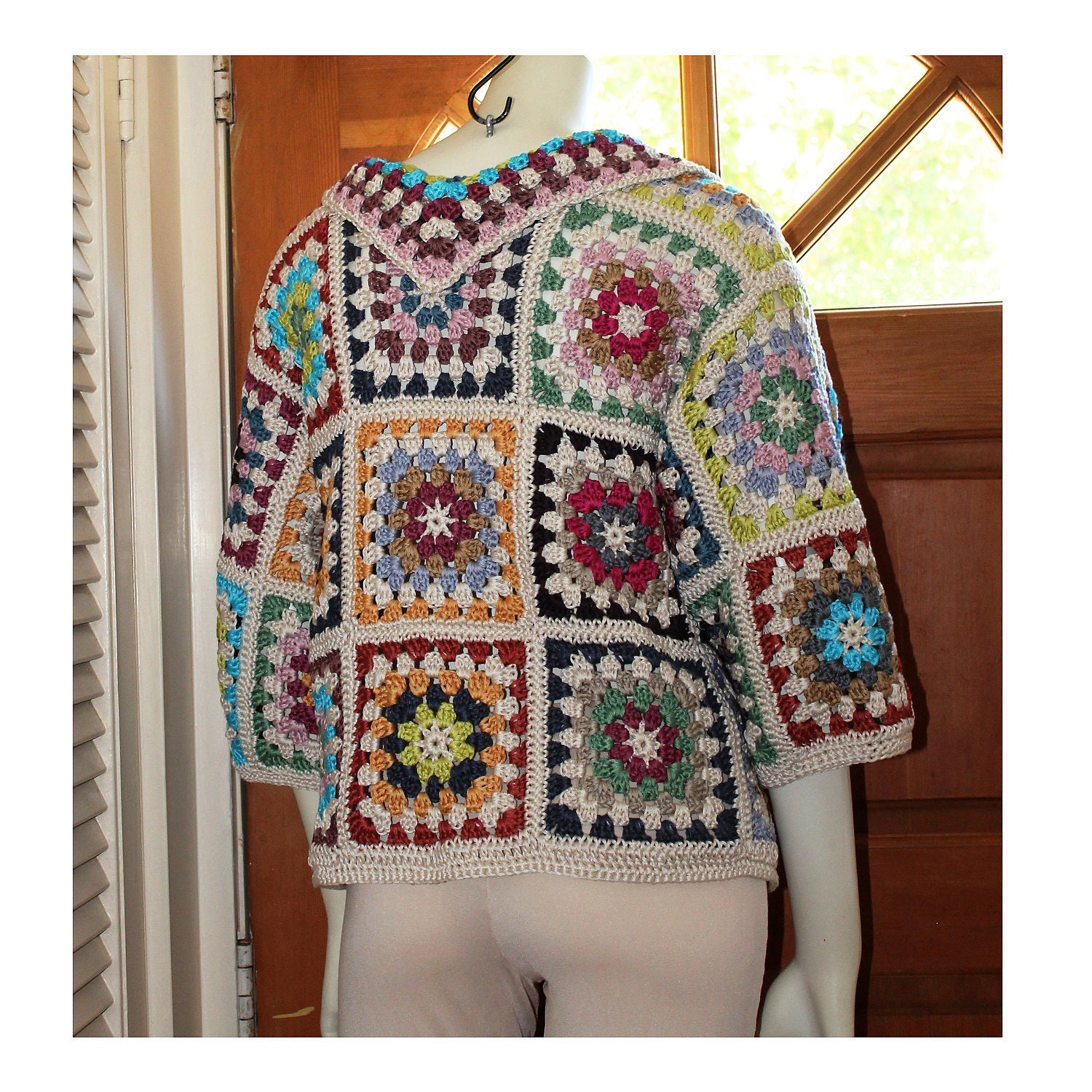 Crochet Asymmetrical Sweater - Custom Sizes 0 to 18 - Cotton Granny Square Colorful Design Sweater by Annie Briggs 'Shonda'
