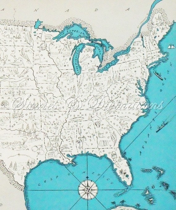 United States Map - USA - Vintage Map of the United States - A Fun and Funky Little 1930s Vintage Picture Map to Frame