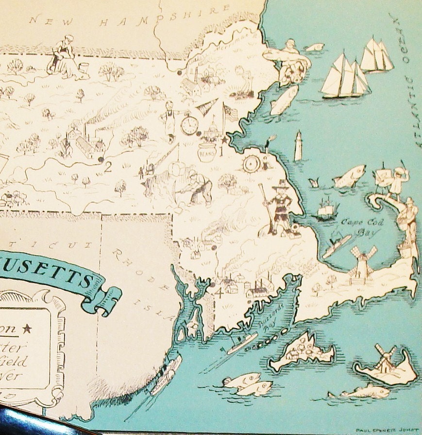 Massachusetts Vintage Map - Map Art - Aqua - Fun and Funky Little Vintage Picture Map to Frame