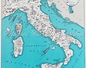 Map of Italy - Fun Italian Map - Vintage Map of Italy - A Fun and Funky 1930s Aqua Vintage Picture Map to Frame