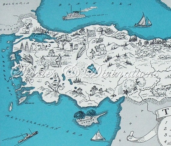 Map of Turkey - Vintage Map of Turkey - Map Art - A Fun and Funky Little 1930s Vintage Picture Map to Frame