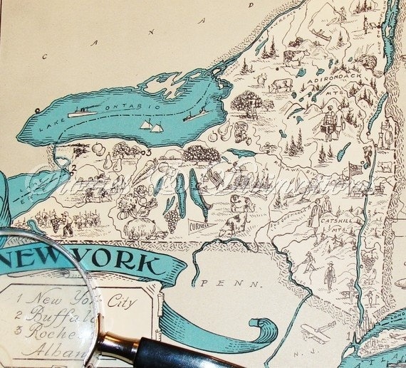 Map - New York Vintage Map - Aqua - Cottage Chic - A Fun and Funky Little 1930s Picture Map of New York to Frame