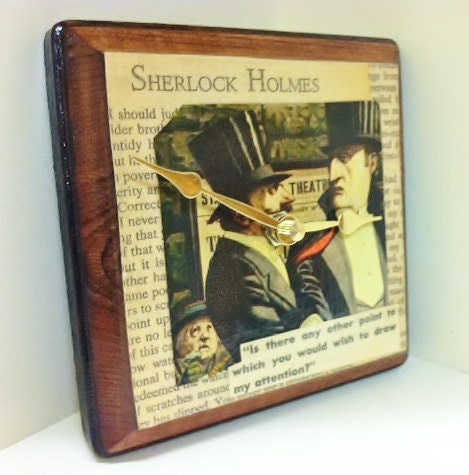 Vintage Sherlock Holmes Book Ephemera Collage Handmade Wood Clock