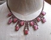 Vintage Pink Rhinestone Cats Eye Drops Necklace Feminine and Beautiful