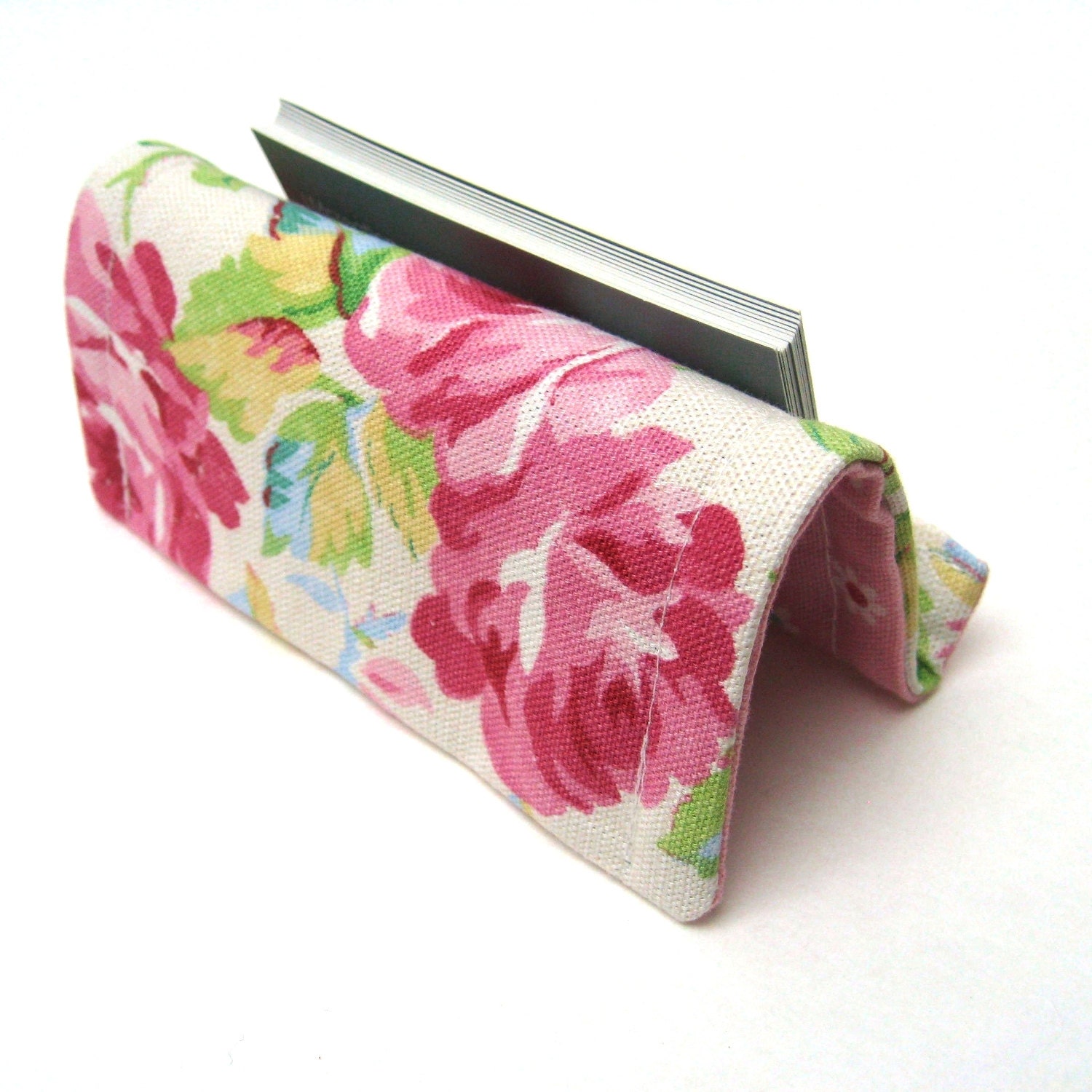 Fabric Business Card Holder or Card Stand Reversible Pink English Roses