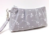 Bridesmaid Clutch, Wedding Wristlet, Rectangle Purse - Lace overlay on Silver Satin
