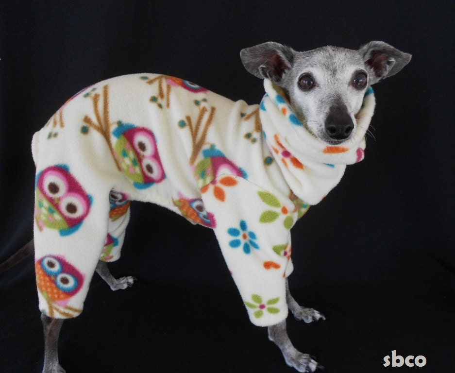 Famous Fit Custom Made LARGE Italian Greyhound Fleece Romper with Owls and Flowers-for all small dogs