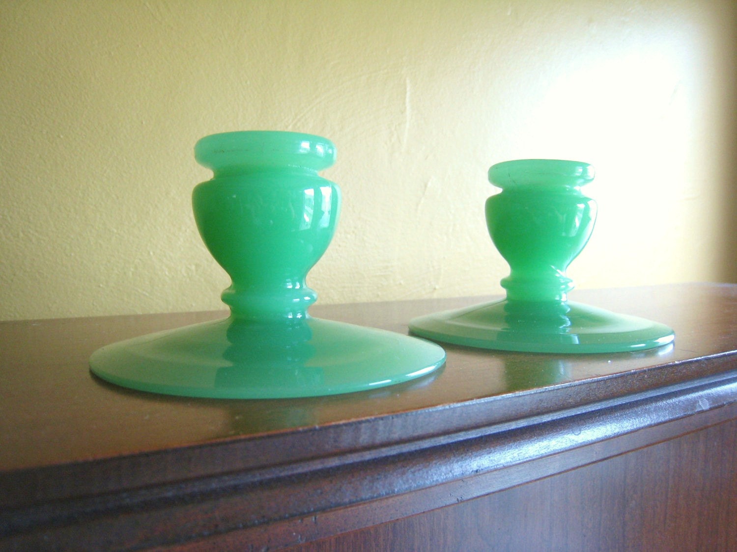 Jadite Candlesticks New Martinsville Art Deco Modern Simplicity Circa 1930s Set of 2 Diningroom Table Home Decor Candle Sticks