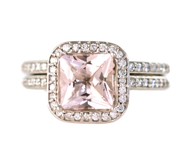 14K Morganite Engagement Ring & Wedding Band Princess Diamond Halo Morganite Ring Custom Bridal Jewelry