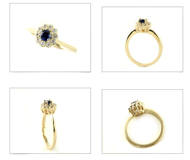 14K Blue Sapphire Diamond Halo Engagement Ring 14K 18K White Yellow Rose Gold Platinum Palladium Bridal Jewelry