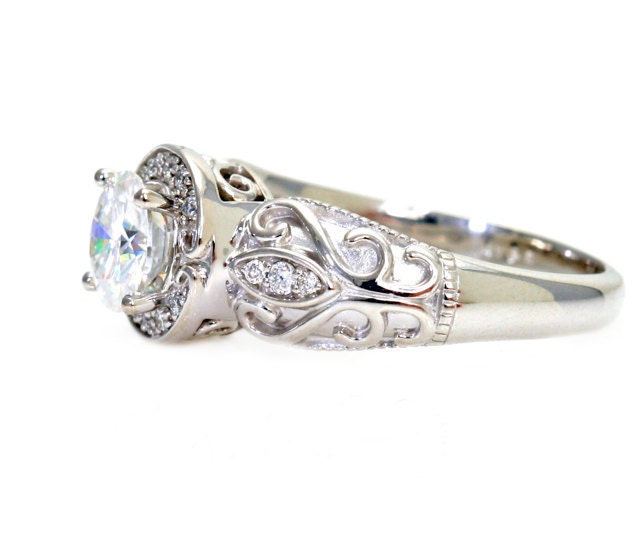 14K Vintage Moissanite Engagement Ring Diamond Halo Moissanite Ring Custom Art Nouveau Bridal Jewelry