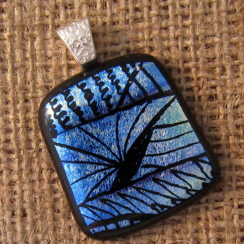 Etched Dichroic Pendant, Fused Glass Pendant, Blue Dichroic Pendant
