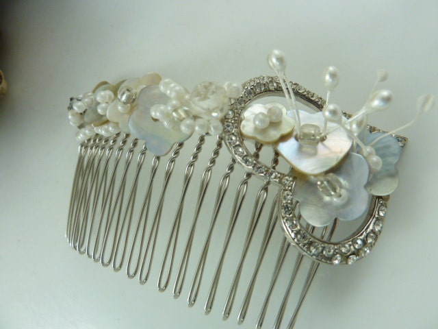 Hair Comb Unique Made with vintage French  Mother of Pearl Button, Heart Diamante & Beads