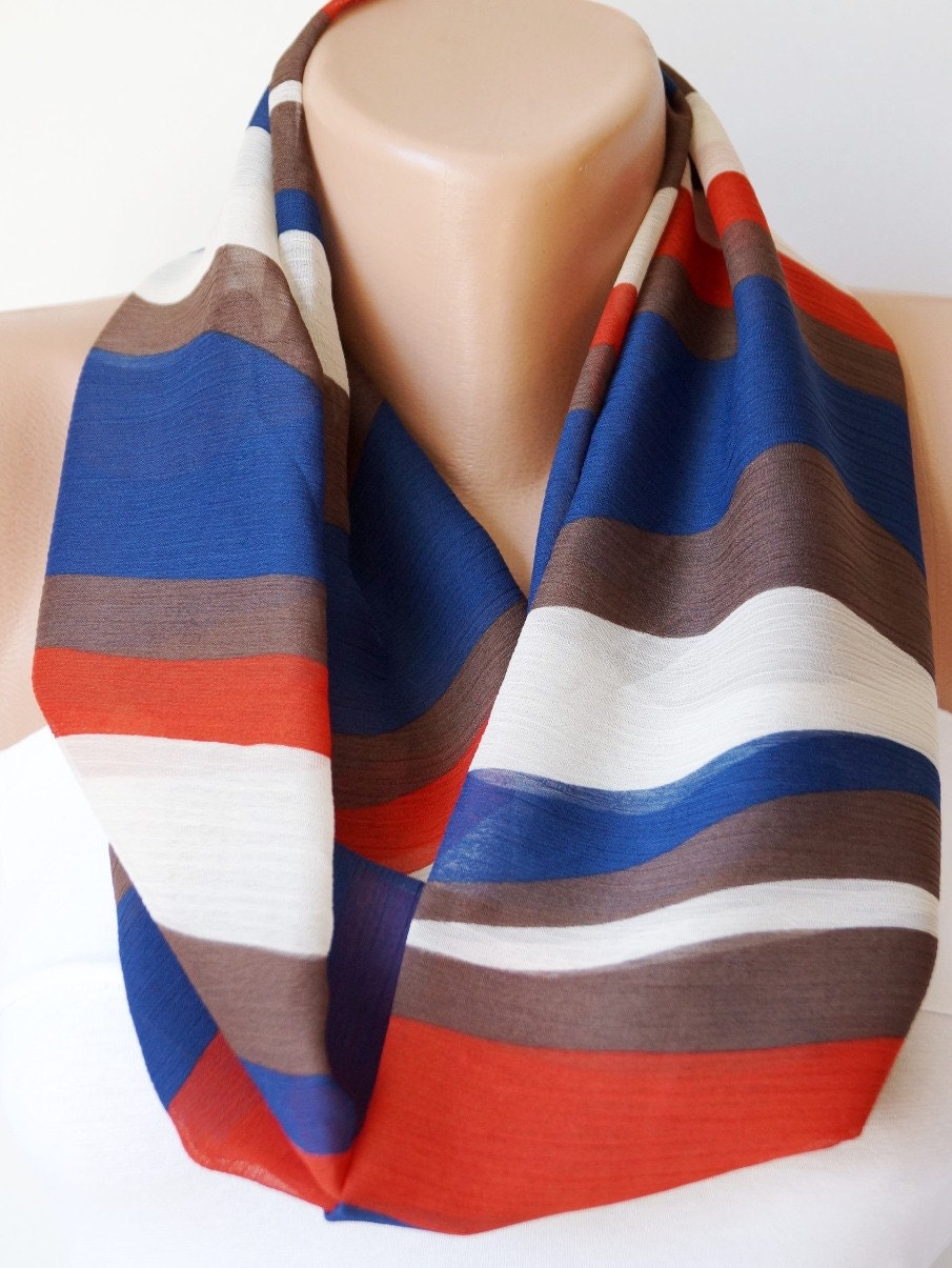Infinity Scarf Loop Scarf Circle Scarf Cowl Scarf ..Blue, white and brown wave...Chiffon... Scarf...