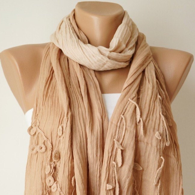 Hand Dyed  Camel, tan, fawn Color Scarf from %100 cotton with flora design