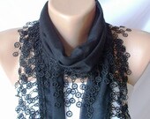 SALE - Black Scarf- Cotton Scarf - Lace Scarf- Scarf with Lace Edge