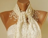 SALE - Lace Scarf - Tulle Scarf - Drop Lace - Cream Scarf