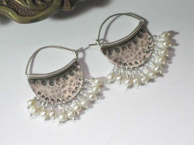 Silver and Pearl Hoops- Sterling Hammered hoops with freshwater pearls -