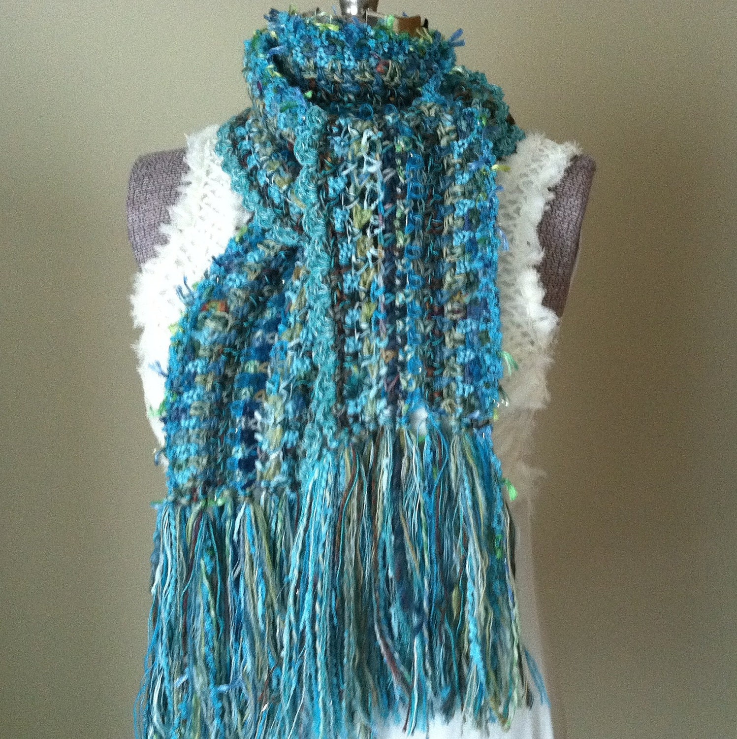 Turquoise Ocean Waves, Freeform Crochet Scarf, Vivid Aquamarine Chartreuse, Airy Wrap