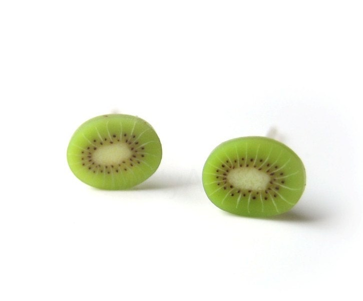 Kiwi Stud Earrings - Green Kiwi Post Earrings - Fruit Earrings - Green Jewelry